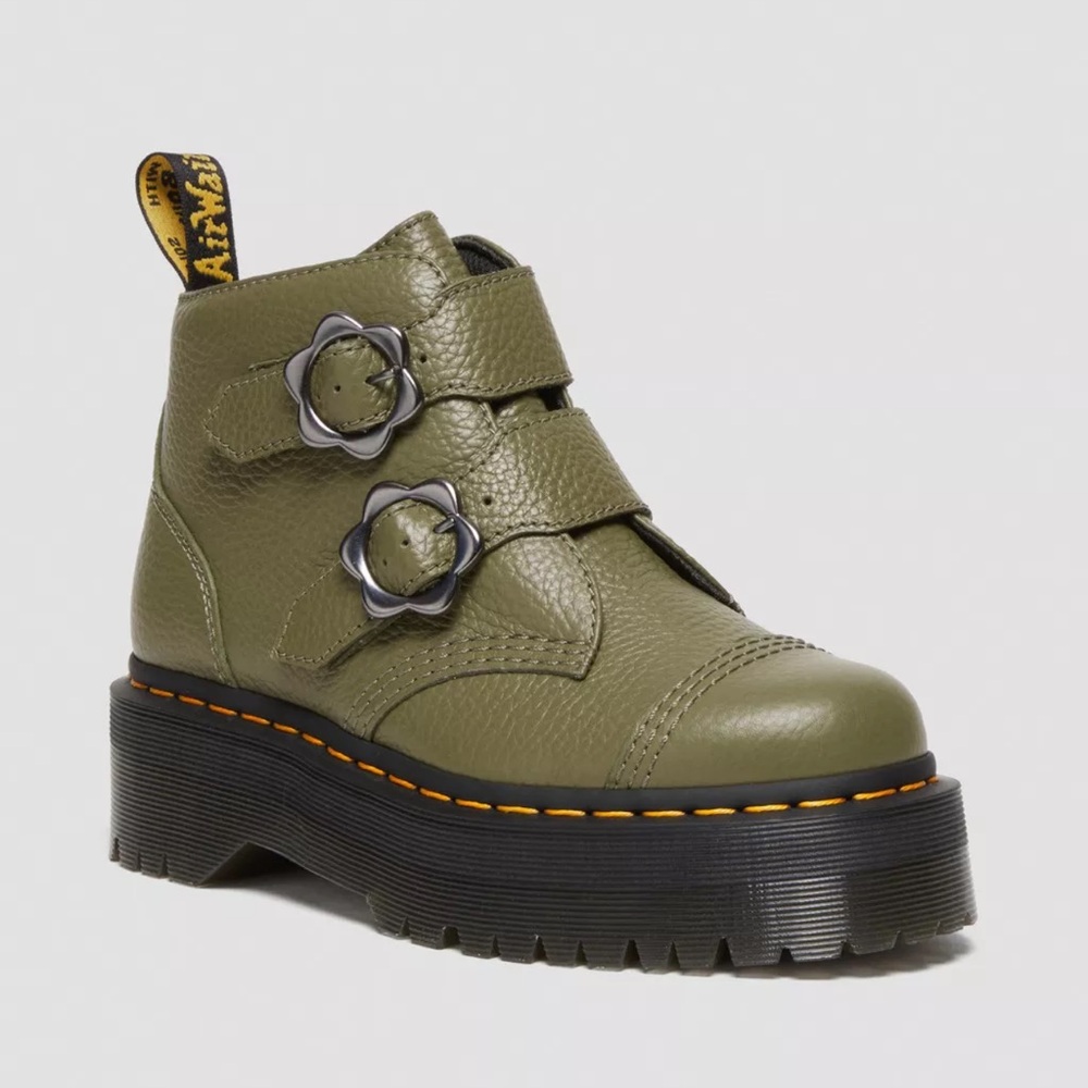 Dr. Martens Devon Flower Boots Leather Ankle Booties Platform Buckles - Picture 6 of 12